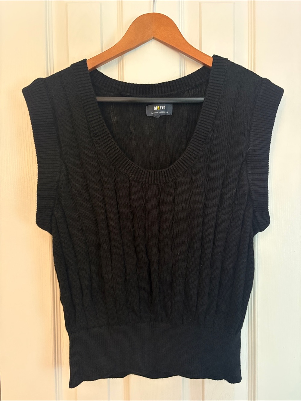 Maeve Black Ribbed Scoop-Neck Sleeveless Knit Vest